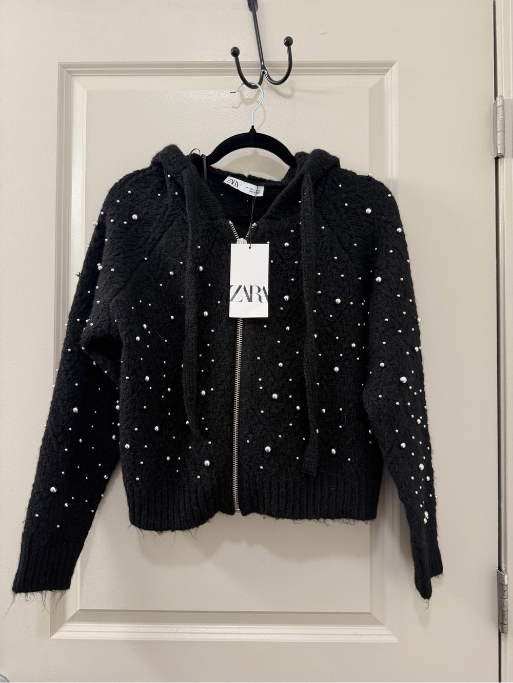 NWT Zara Shiny Silver Rhinestone Knit Zip Up Hoodie Sweater Size S